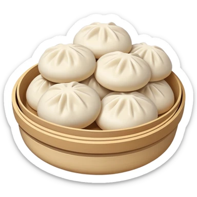 Tianjin Goubuli Baozi steamed buns with pinched top, simplified emoji style with bold outlines and bright colors, cartoon style northern Chinese specialty sticker