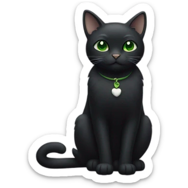 A black cat with green eyes with a white mustache, with a thin white stripe on the nose on the right side, with a full-length white breast and white paws sticker