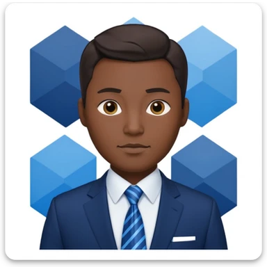 emoji of Korean male executive in navy suit and blue tie, modern blue and white geometric corporate background, showing leadership and trustworthiness sticker