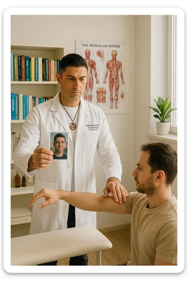 a middle-aged man, dressed in casual professional attire, is in a bright, organized therapy studio. Durante una visita di kinesiologia, il ragazzo tiene con una mano la foto di una persona lontana (il “testimone”) tiene la foto in mano, mentre con l’altra mano esegue un test muscolare su un cliente presente senza foto. Sullo sfondo si vedono libri di kinesiologia, poster anatomici e strumenti tipici della disciplina. L’atmosfera è concentrata e serena, con luce naturale che entra dalla finestra, sottolineando l’aspetto alternativo e umano della pratica. sticker