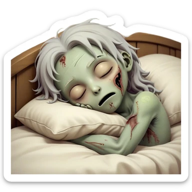 Meme-Worthy Cute Sleeping Zombie Portrait Emoji, with a delightfully quirky, slightly disheveled decaying face in soft ashen hues, head tilted back in peaceful, relaxed sleep with softly closed eyes and a tiny, endearing smile, simplified yet irresistibly charming, highly detailed with a soft eerie glowing outline that captures the gentle, unexpected cuteness of a zombie in serene repose! sticker
