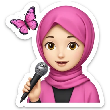 apple style emoji of a girl ASMR content creator in a modern pink hijab, butterfly hairclips on each side, holding a microphone, cheerful and welcoming sticker