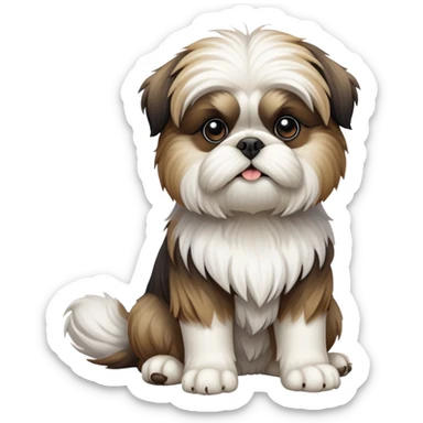 cinematic-[Shish tzu]-realistic-full-body-sitting-emoji,-tail-resting-loosely-beside-its-paws,-head-tilted-dramatically, -scruffy-[white]-fur,-simplified-yet-realistic-focused-features,-highly-detailed,-glowing-with-an-almost-sarcastic-glow sticker