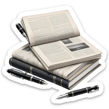 Create an emoji representing journalism and publicistic writing. The design should feature a stack of newspapers, an open notebook, and a single classic fountain pen placed on top of the notebook, symbolizing the act of writing. The scene should convey a sense of professionalism and thoughtful analysis. Use a neutral and professional color palette, with black, white, and muted tones. Do not include any emojis or smiley faces. Make the background transparent. sticker