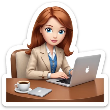 A Barbie girl with blue eyes, shoulder-length reddish-brown hair, made-up, wearing a white tweed jacket and beige skirt, is sitting at a table with a MacBook and a cup of coffee sticker