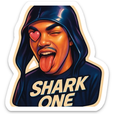 mouth open with tongue out
heart shaped eye
add the words “ Shark One " in White sticker