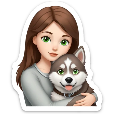 White girl white Green eyes and brown hair make a hug to a husky white ans grey white brown eyes  sticker