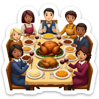 Thanksgiving Dinner with 10 people of different skin color around the table; have the food be a cooked turkey, mashed potatoes, corn, a basket of biscuits, a small bowl of cranberry sauce, baked yams, steamed vegetables, and a bottle of wine. sticker
