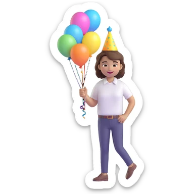 3D emoji style character with short tousled brown hair, light skin, white shirt, festive party vibe, holding a balloon, smiling, wearing a party hat, fiestero emoji sticker