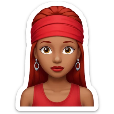 light-skinned black girl with long eyelashes with long strait dark brown hair with edges wearing a red top with no sleeves. and a red accessory on her head with nose and mouth piercings. sticker