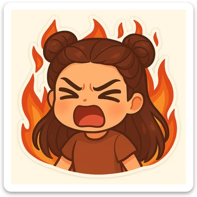 Create a chibi sticker of a girl with double bun hairstyle, same face and clothes as previous stickers, angry and screaming with a furious expression, surrounded by flames. sticker