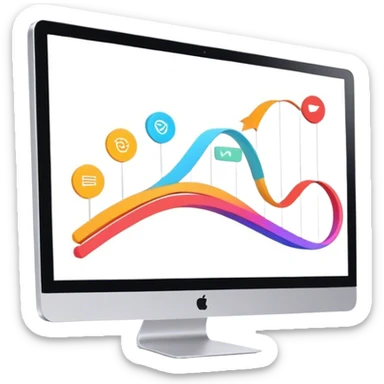 Animation and motion design. A computer screen with an animation timeline, moving frames. Display a cartoon or animated scene on the screen. Include motion design elements like flowing lines, curves, or rotating objects. Modern, creative colors. No emojis or smiley faces. Transparent background. sticker