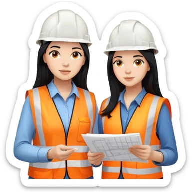 Female civil engineer with long black hair wearing white helmet and an orange safety vest staring at big drawing plan on her hands  sticker