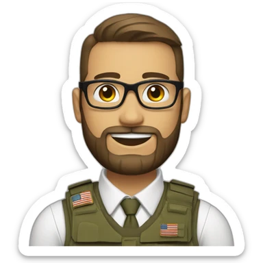 soldier with a beard, a part in hair, wearing glasses, a white collared shirt, a bow tie, bulletproof vest with an american flag sticker