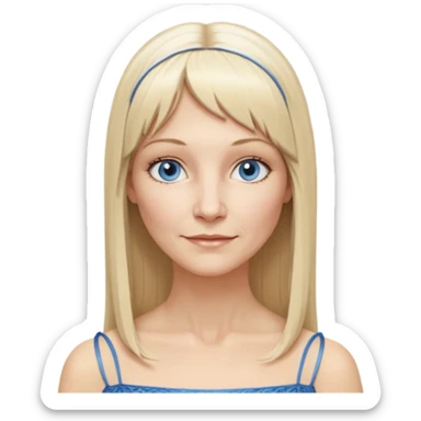 50 yr old white woman, hippie parted very long hair, short bangs, very long straight blond hair, oval face, small smile, blue eyes, thin face, hair downback, hair parted at center of head, round cheeks, pale, longer hair, white evening dress sticker