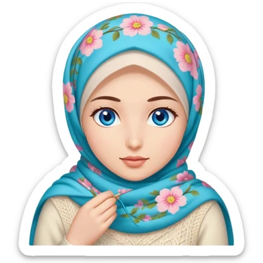Turkish beautiful finish Konya girl blue eyes with spring floral hijab does knitting  sticker