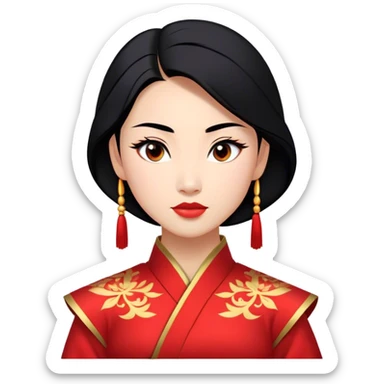 Cinematic Majestic Mulan Portrait Emoji, rendered in a clean, vector-style with bold, simplified shapes. Depict Mulan with a serene, noble expression, warm light skin, and neatly styled black hair, dressed in traditional attire featuring subtle red motifs and gold trim. The image glows with a calm, majestic aura, high shine, and a soft glowing outline, embodying classic elegance. sticker