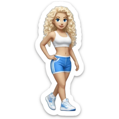 hyperrealist white long curly blonde hair blue eyes girl with white sports bra tight blue short shorts and sneakers walking towards camera sticker