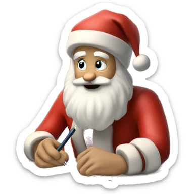 White Father Christmas is sitting on a desk, writing something down on a sheet of paper, solving complicated math puzzles, you can see the math tasks/ exercises sticker