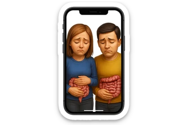 emoji stile iphone di un uomo e una donna con espressione triste ed intestino realistico, mal di pancia,ù iperrealistico 4k sticker