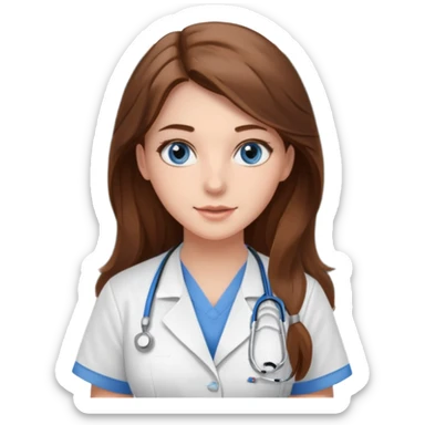 inside a classroom at university that says nursing school on the board with a pretty female nursing student with long brown hair, blue eyes sticker