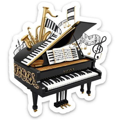 Create a sophisticated and celebratory emoji collage representing keyboard instruments, designed in the style of a coat of arms or crest. The design should feature a central, ornate grand piano with black and white keys, surrounded by a ribbon of musical notes. The ribbon should intertwine with a second ribbon made of black-and-white piano keys, creating a flowing, symmetrical pattern. Include delicate, elegant details such as the pedals of the grand piano, intricate woodwork, and the glossy, polished surface of the instrument. The musical notes should be swirling around the design in a harmonious, festive arrangement. Use gold, silver, and rich wood tones to evoke a sense of luxury and professionalism, with the black-and-white keys of the piano adding contrast. The background should remain transparent. sticker