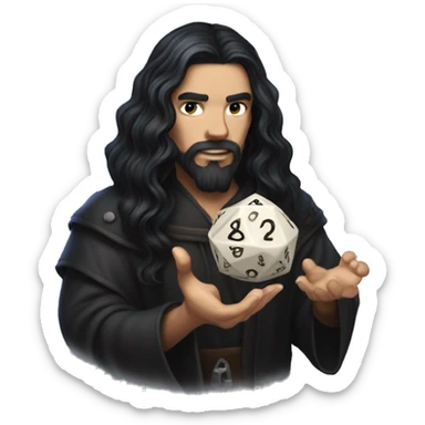 Long dark hair dungeon master holding a D20 dice sticker