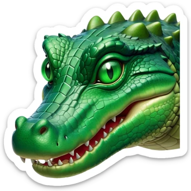 Cinematic Noble Crocodile Portrait Emoji, Poised and regal, with a powerful, elongated build and a rugged, scaly emerald-green hide, piercing cold eyes, Simplified yet sharp and sophisticated features, highly detailed, glowing with a soft, dignified glow, high shine, intelligent and formidable, stylized with an air of ancient might, focused and attentive, soft glowing outline, capturing the essence of a watchful and commanding reptile, so majestic it feels as though it could silently slide out of the screen with effortless authority! sticker