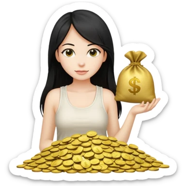 a pretty bratz fair girl with long straight black hair  with a white tank top surrounded by money bags sticker