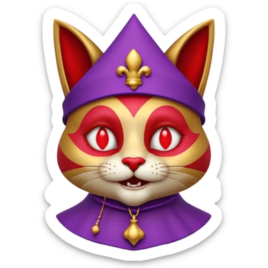 crazy colorful cute little cat jolly joker from poker, medieval, vintage, court jester, mac os icon, purple, gold and red color, half body. Squared shape as 3D mac os icon, symmetrical sticker
