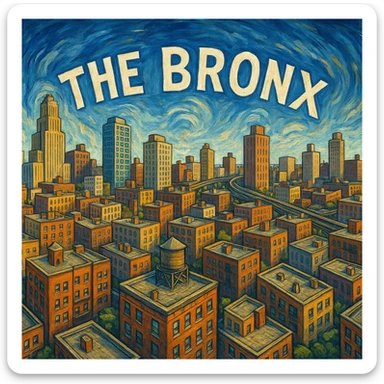 360-degree panoramic illustration of the Bronx skyline, with a mix of residential and commercial buildings, stylized artistic style sticker