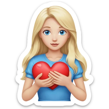 A realistic blonde with long hair and blue eyes holds a heart in her hands sticker