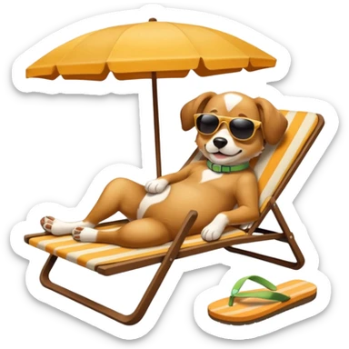 add a dog laied on the beach vibrant-icon-for-beach-tourism_-a-sunny-beach-with-the-sea,-a-lounge-chair,-a-sun-umbrella,-and-flip-flops.-the-icon-should-capture-the-essence-of-a-relaxing-beach-vacation-with-a-carefree-atmosphere sticker