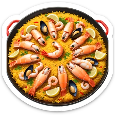 Cinematic Realistic Paella Dish Emoji, depicted as a vibrant, aromatic rice dish loaded with seafood, chicken, and saffron rendered with rich textures and dynamic, warm lighting. sticker