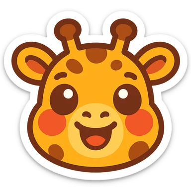 cute, stylized cartoon giraffe head with big, expressive eyes, a friendly smile, and exaggerated blush marks. The design should be simple, round, and optimized for small sizes (Twitch emoji). Use warm yellow and brown colors, with a soft outline. The expression should be happy and welcoming, perfect for a 'hi' or 'yay' emote. Cartoonish, kawaii-inspired style sticker