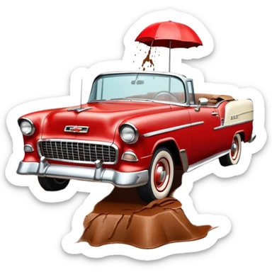 1955 Chevrolet Bel Air Convertible, Red-White color, with a bucket of brown mud pouring down on it, and the car itself is covered in brown dirt on the sides, which is stuck and clearly visible from all sides of the body. 32x32 pixels, aspect ratio: 1:1 sticker