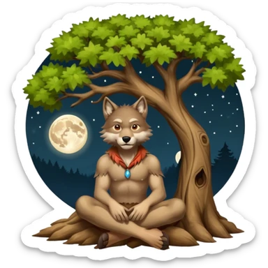 A wolf man sitting under a tree in the nighttime with the fullmoon sticker