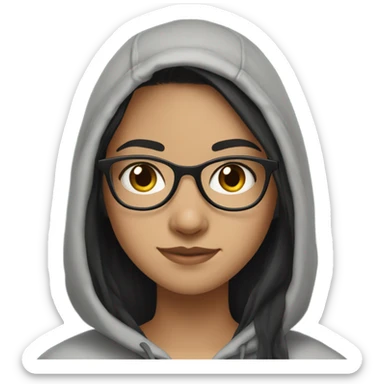 Pretty girl with light skin , Black long hair,big brown eyes,in a light grey hoodie,with a pair of black glasses  sticker