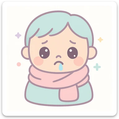 a sick child with a runny nose, wrapped in a scarf, sad expression, kawaii style sticker