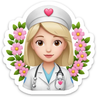 Nurse with pink heart and flowers surround her sticker