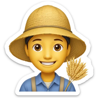 Yellow emoji smiley face with stereotypical Chinese facial features and rice farmer hat sticker