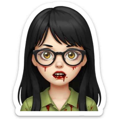 zombie girl with long black hair, bangs, and glasses, apple emoji style sticker