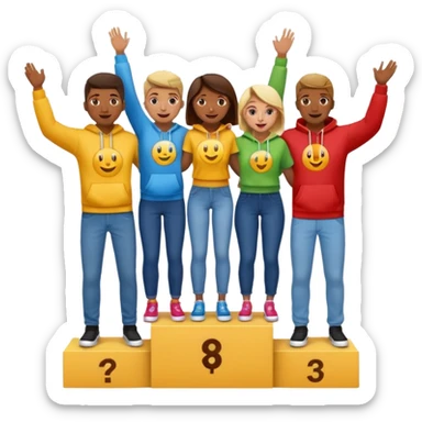 winners’ podium with multi-racial people, brown, middle step higher, no numbers, fun, colorful clothes like jeans, t-shirts, and hoodies, excited, fun, expressive emoji style sticker
