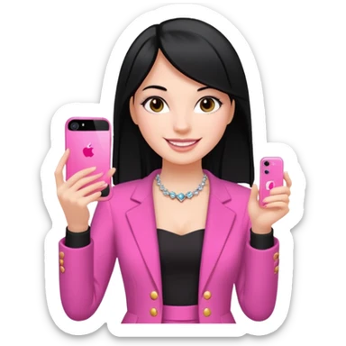 chica blanca con pelo negro liso sosteniendo con una sola mano un celula iphone 13 rosa, con vestimenta d salir de fiesta sticker