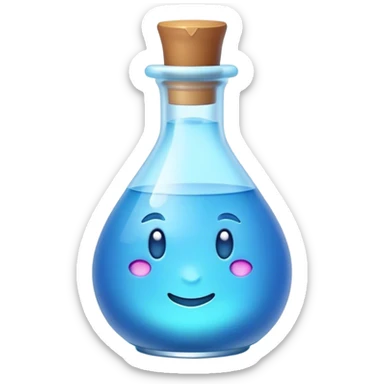 Clash of Clans aesthetic: Cinematic Playful Pixel 3D blue mana Potion Emoji, rendered in a 3D vector-style similar to standard emojis with minimal shading and bold, simplified shapes. A compact, distinct form with signature details, softly glowing with a pixelated adventure charm. Simplified yet unmistakably iconic, highly detailed and consistent, glowing with a soft radiance and high shine. Stylized with a touch of classic pixel-art charm and a soft glowing outline, capturing the essence of a beloved gaming relic with a friendly, playful manner! sticker