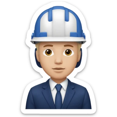 a man in a strict dark blue suit, wearing a white construction helmet on his head sticker