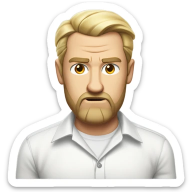 middle aged english man, short slicked back hair blonde, blonde medium length size full beard, eyesbrows angry, in a smart white unbuttoned shirt. sticker