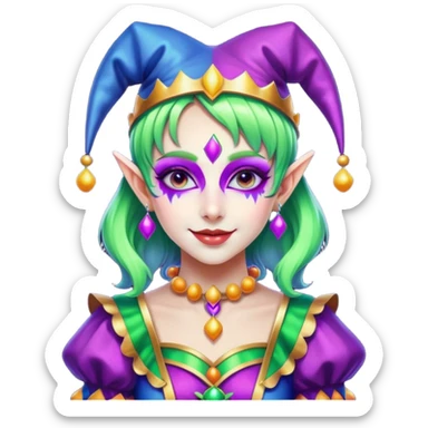 Cinematic chibi style girl in dressed like a Jester, Ultra realistic 32k HD, Breathtaking piece of art, rim lighting, hauntingly beautiful art, vibrant colors, Balanced features, highly detailed digital artwork, glowing with silver light, glowing, high shine, deviant adoptable, highly detailed clothing, remembrance, a painting of white silver, fanciful, enchanting, ghostly, embodying the essence of both reality and fantasy, dreamy, dreamy glow, optical illusion, immaculate composition, complex pose, air composition. The image is so lifelike that it feels as though it could leap off the canvas at any moment sticker