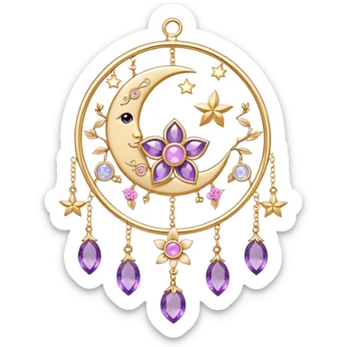 Epic beautiful gorgeous cute gold suncatcher, threads with shiny sparkly amethyst and rose-quartz gemstones, flowers, moons, stars, leaves, detailed sticker
