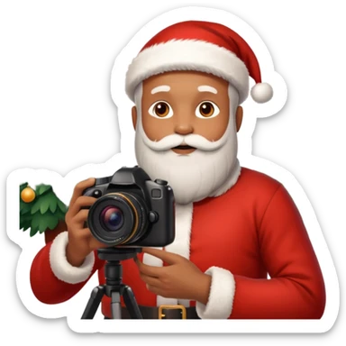 Homme photographe noir, week-end détente, équipé d’un appareil photo pro. Dans un décor Noël chaleureux, Père Noël à côté, sapin illuminé, lumières douces.  Ambiance festive, réaliste, couleurs nettes sticker
